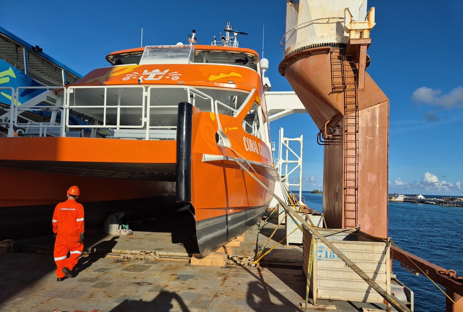 Passenger catamaran surveyed on transport cradle