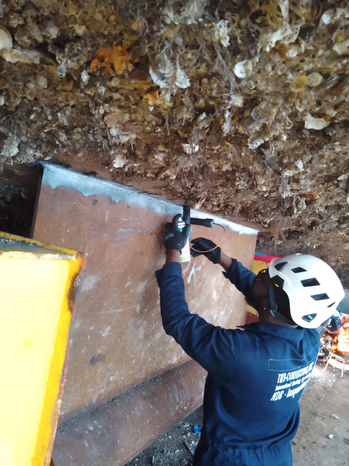 IWS-Consulting NDE technician marking a weld seam on a barnacle-covered hull